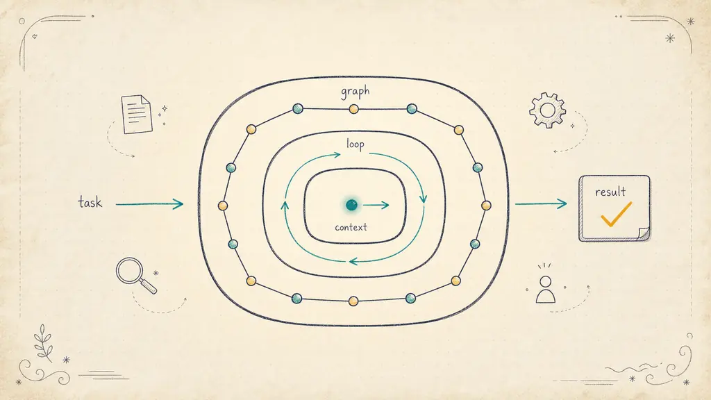Three nested concentric frames — a single dot (context) inside a loop arrow (loop) inside a network of nodes (graph) — showing each layer wrapping the one before it.