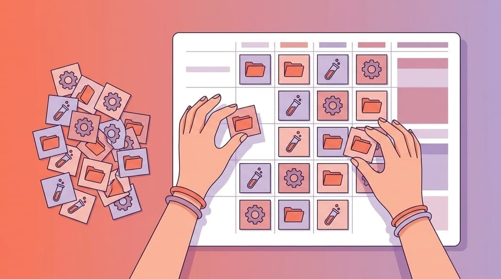 Illustration of hands organizing icons on a digital grid with additional icons scattered beside, featuring folders, gears, and beakers.