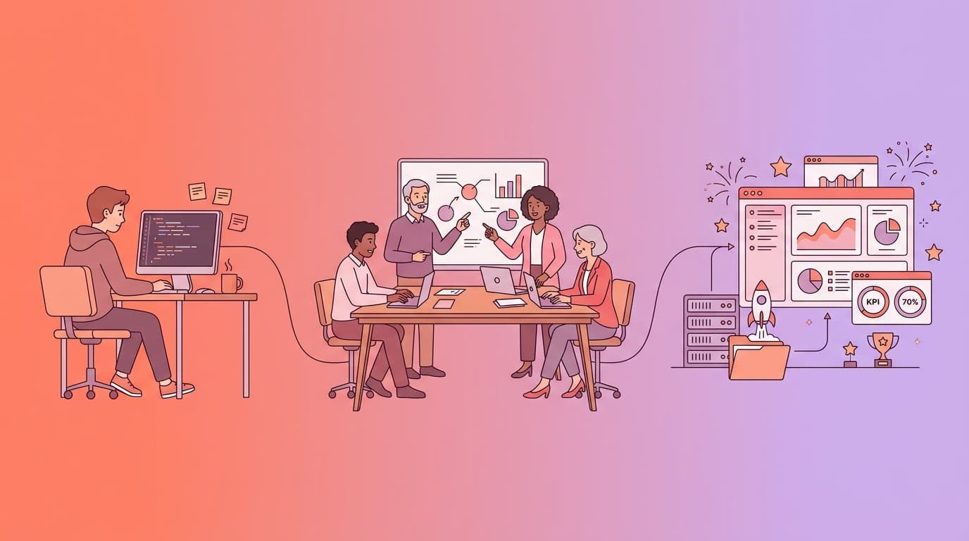 Illustration of a programmer coding, a team discussing charts, and a representation of growth with graphs, trophies, and a rocket.