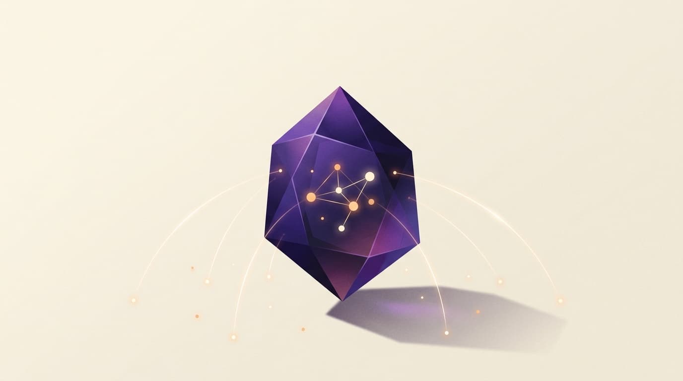 A purple geometric shape with network nodes inside, floating against a light background with subtle lines and dots radiating outward.