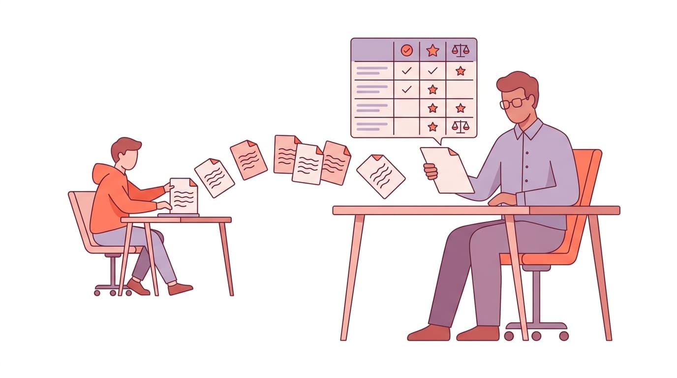 Illustration of a student working at a desk, with papers moving towards a seated man reviewing documents, and a chart above showing evaluations.