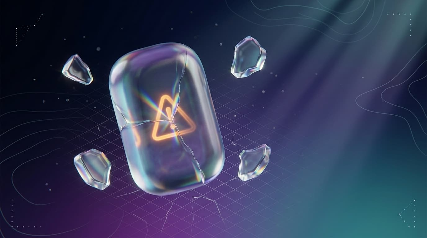 A fractured translucent glass capsule surrounded by floating shards on a dark gradient