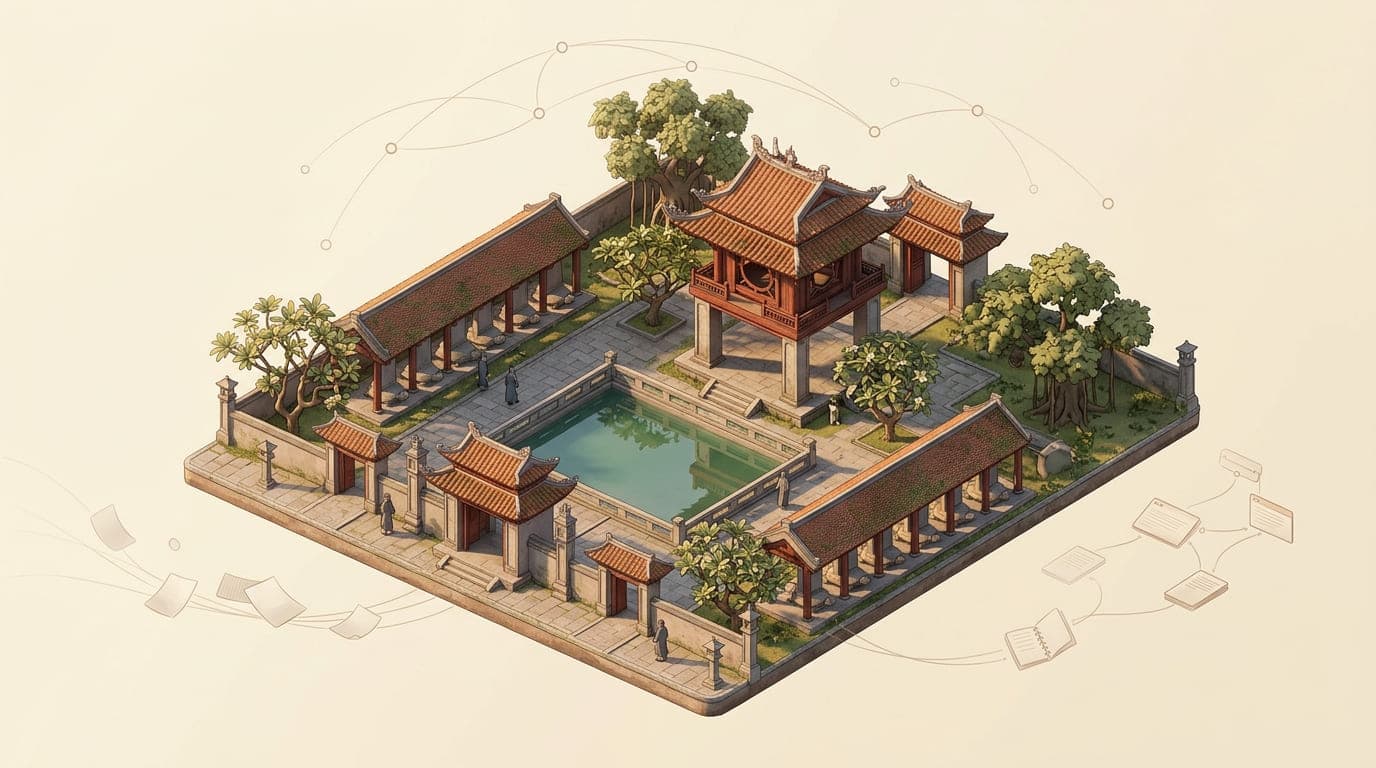 Isometric view of an Asian-inspired temple complex with red-roofed pavilions around a central pond, surrounded by pathways and trees.