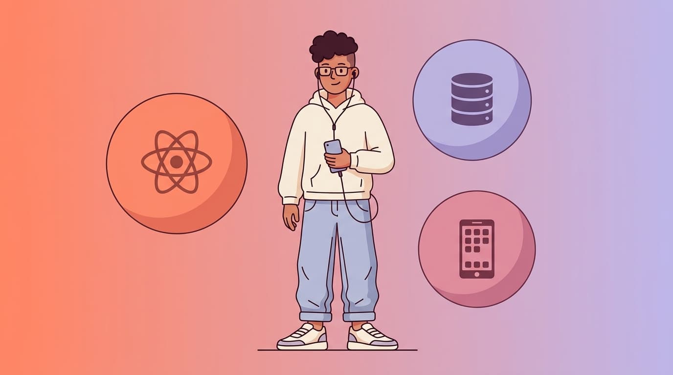 Illustration of a person with a smartphone, wearing headphones, with icons of an atom, database, and smartphone on a gradient background.