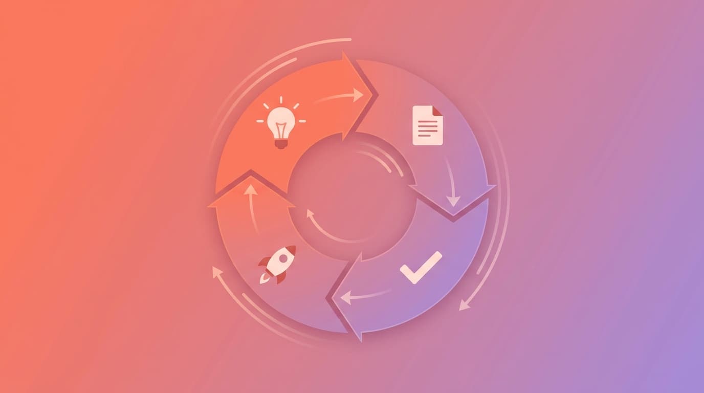 Circular flowchart with icons of a lightbulb, document, checkmark, and rocket on orange and purple gradient background. Arrows connect the icons.