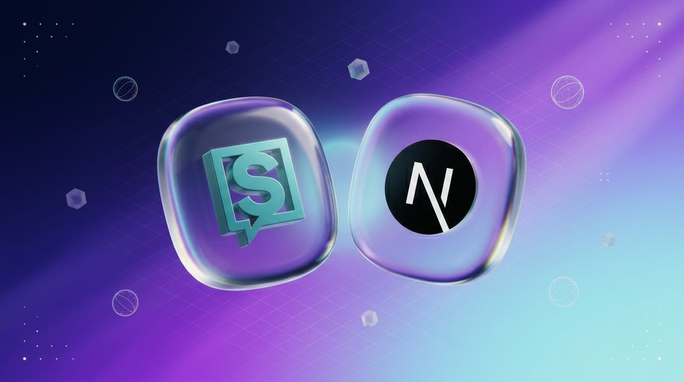 Storyblok and Next.js logos suspended inside translucent glass capsules on a gradient background