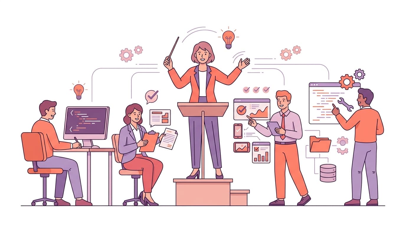 A woman leads a presentation at a podium, surrounded by four people engaged with laptops and documents, with icons symbolizing ideas and data.