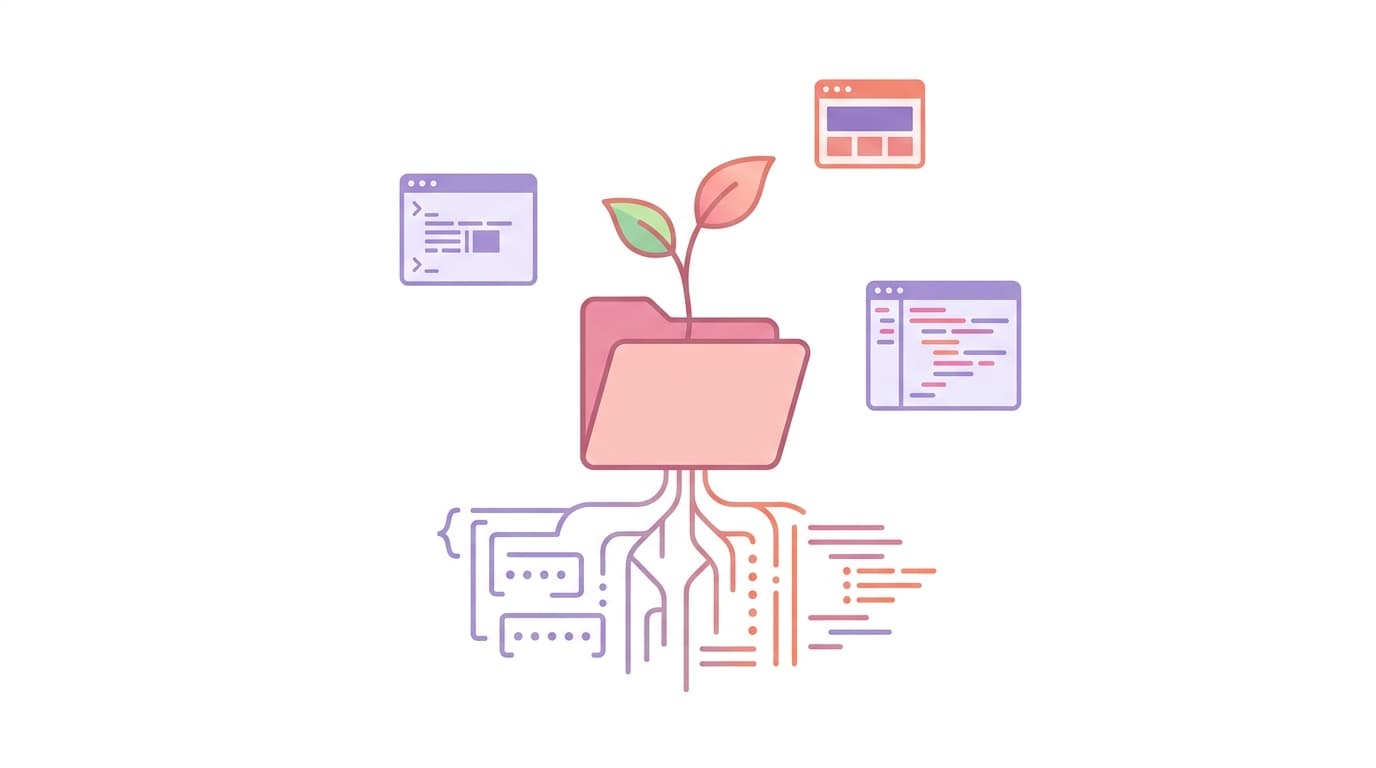 Illustration of a folder with a sprout, surrounded by coding windows; roots resemble code, symbolizing growth from programming.