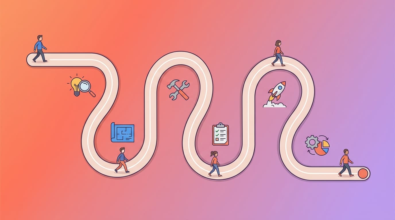 Illustration of a winding path with people walking, featuring icons of a lightbulb, tools, blueprint, checklist, rocket, and pie chart on a gradient background.