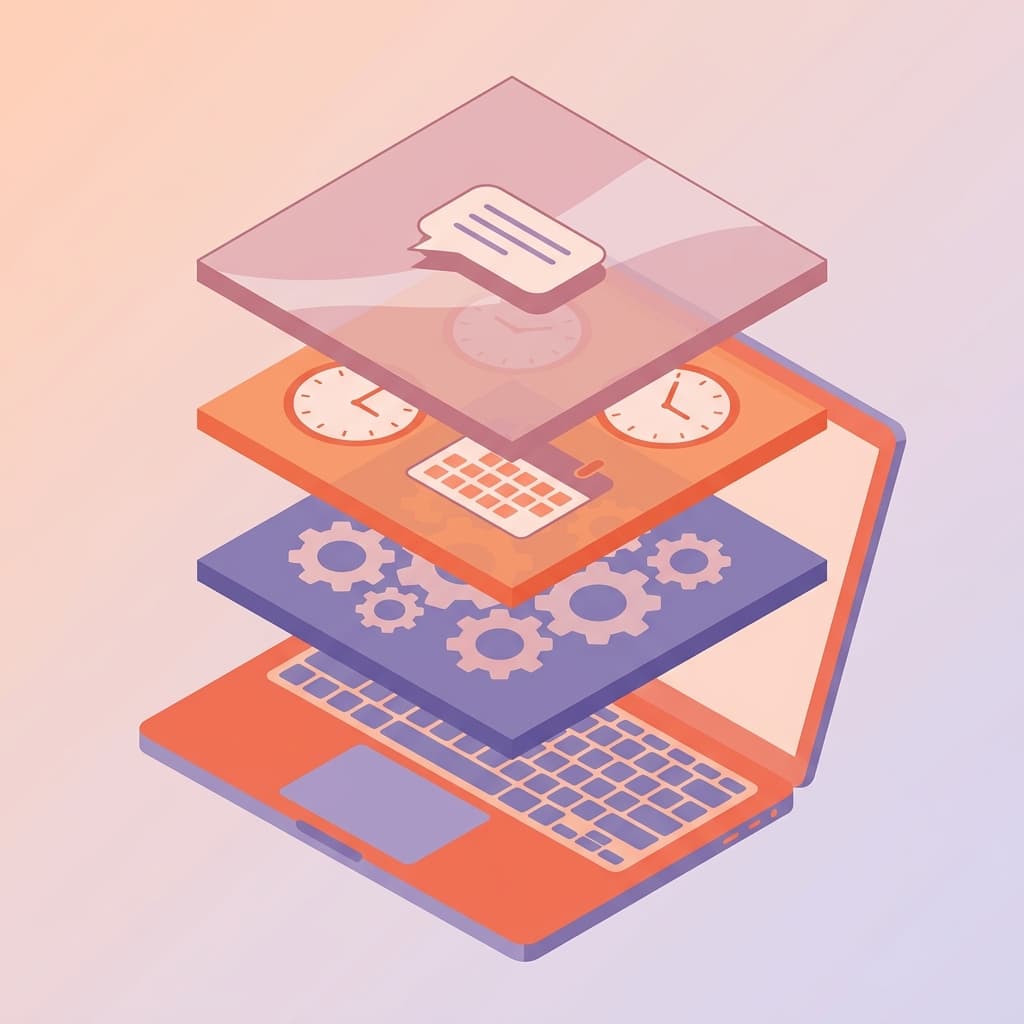 Three stacked translucent layers floating above a laptop, like geological strata. Bottom layer is solid and stable with gear icons (persistent context), middle layer has clock and calendar icons (episodic context), top layer is light and dynamic with a chat bubble icon (transient context)
