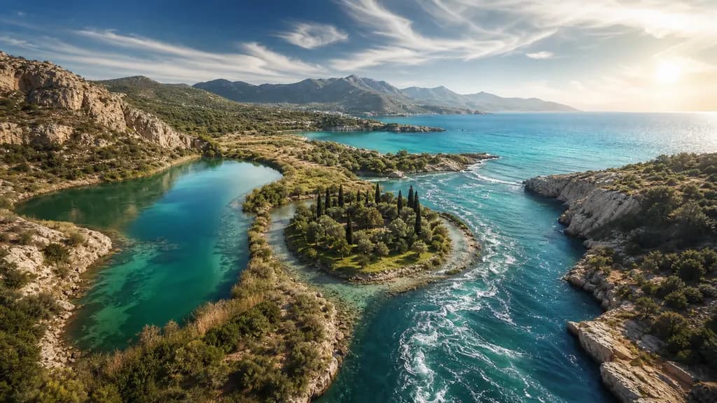 An aerial view of a river forking at a green island: one channel pools in a lagoon, the other flows out to open sea.