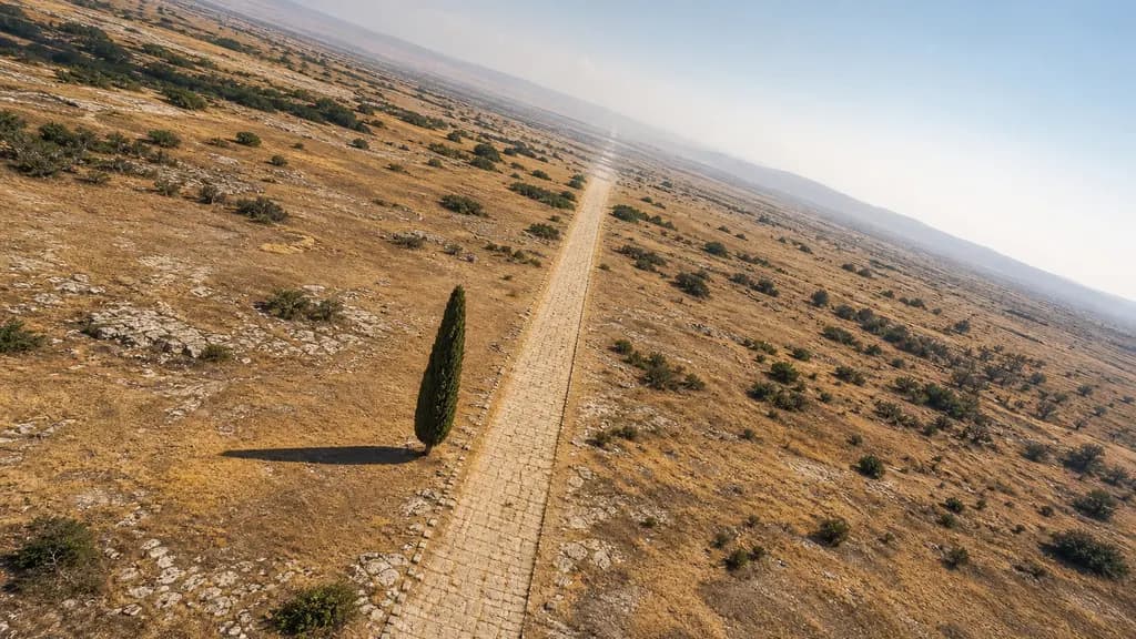 A tilted aerial view looking down on a straight stone road across a sun-baked plain, its far end dissolving into heat shimmer.