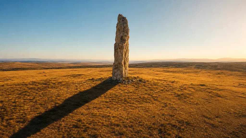 A lone rock spire on a wide golden plain, casting a long shadow across sunlit grass.