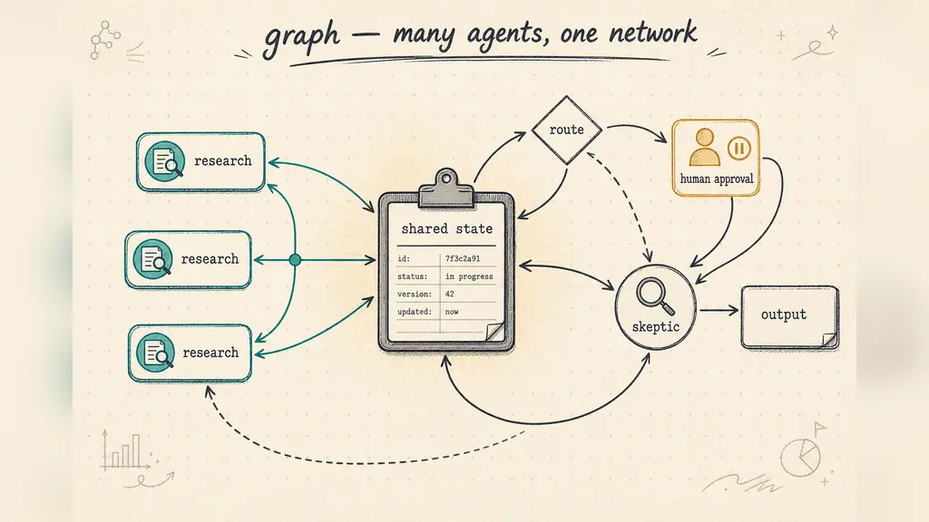 A node-and-edge network around a shared state object, with parallel research nodes, a routing decision, a human-approval pause, and a skeptic reviewer before output.