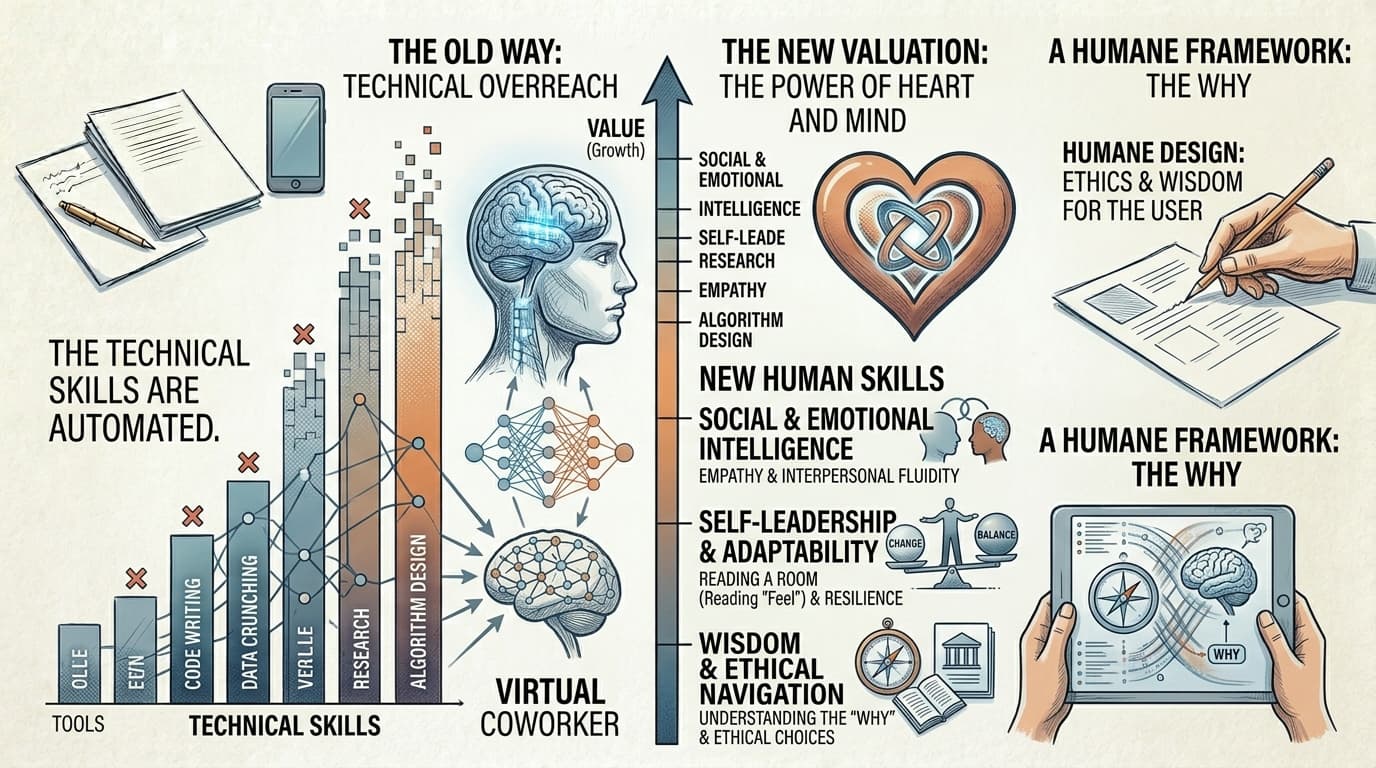 Infographic comparing technical skills with new human skills, featuring brain illustration, and icons for empathy, ethics, adaptability, and wisdom.