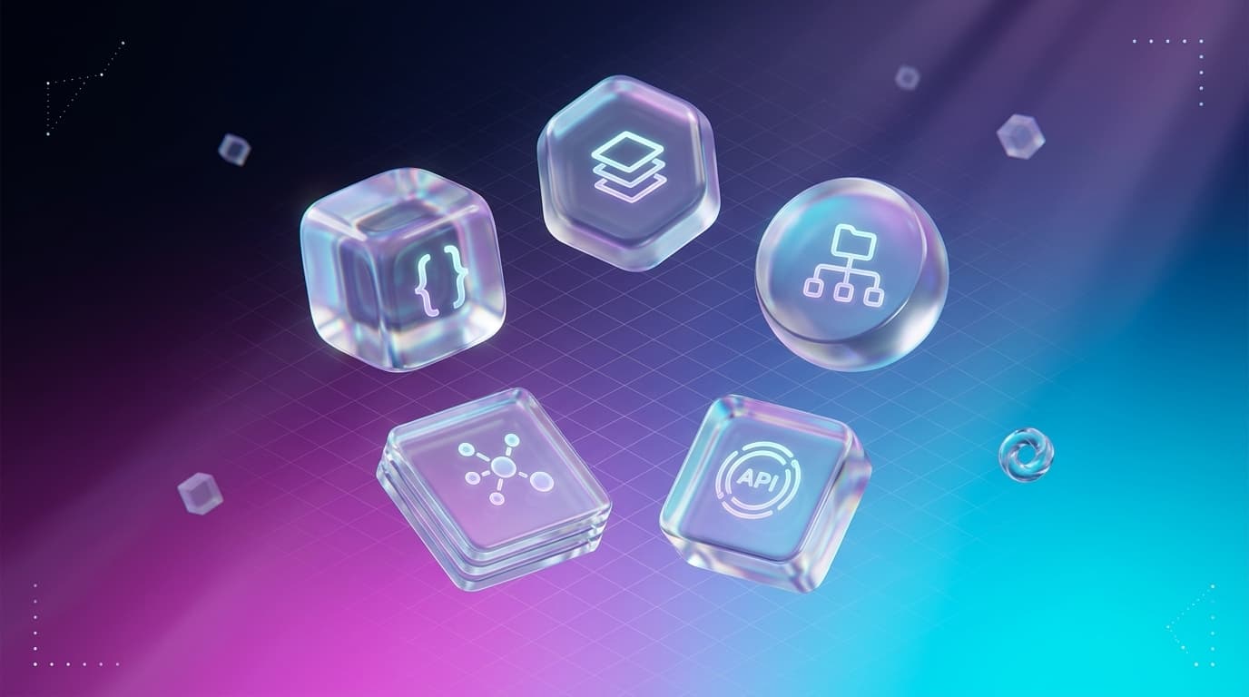 Five translucent glass blocks floating in formation, each holding a glowing tech primitive"