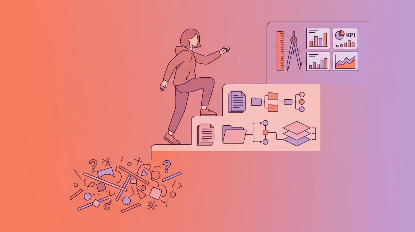 Illustration of a person climbing abstract steps, moving from chaos to organized data, charts, and KPIs on a gradient background.