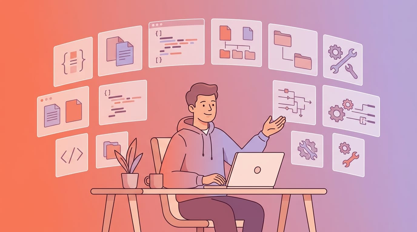 Illustration of a person at a desk with a laptop, surrounded by floating tech icons, gears, and coding symbols, against a gradient background.