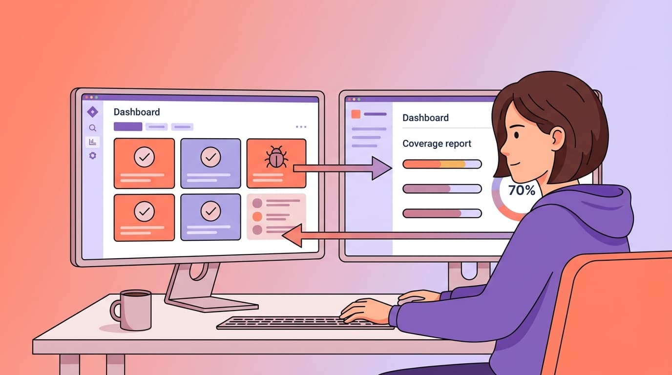 Woman at desk viewing dashboards on dual monitors, displaying graphs and checklists, with a progress bar showing 70% completion.