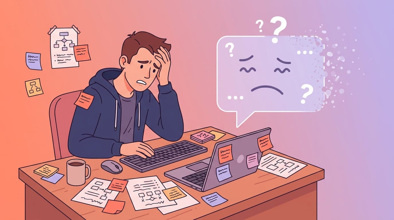 A developer sitting at a desk looking frustrated, talking to a floating AI chat bubble that shows a confused face with question marks. Around the desk are scattered sticky notes and repeated written instructions. The AI bubble is transparent and fading, suggesting it forgets everything