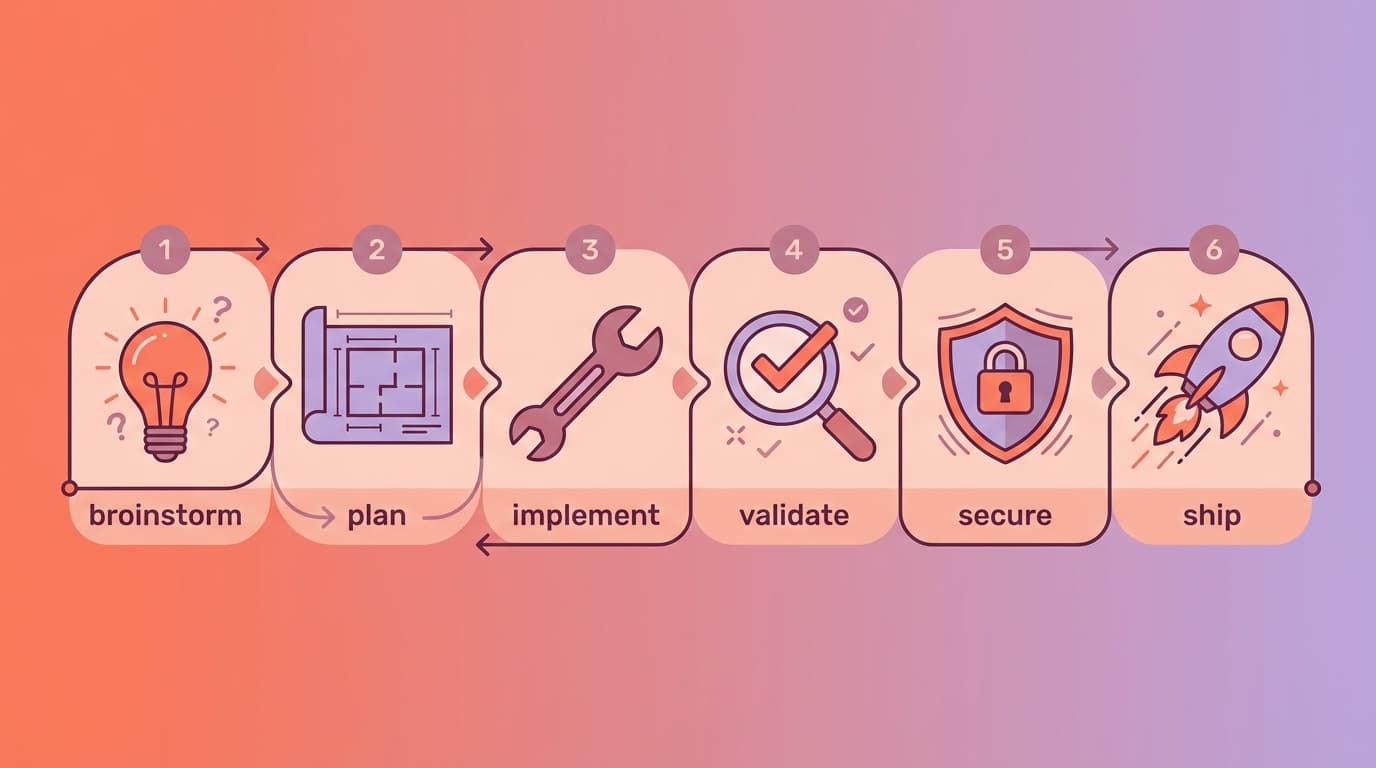 Flowchart illustrating six steps: brainstorm, plan, implement, validate, secure, and ship, with related icons for each step.