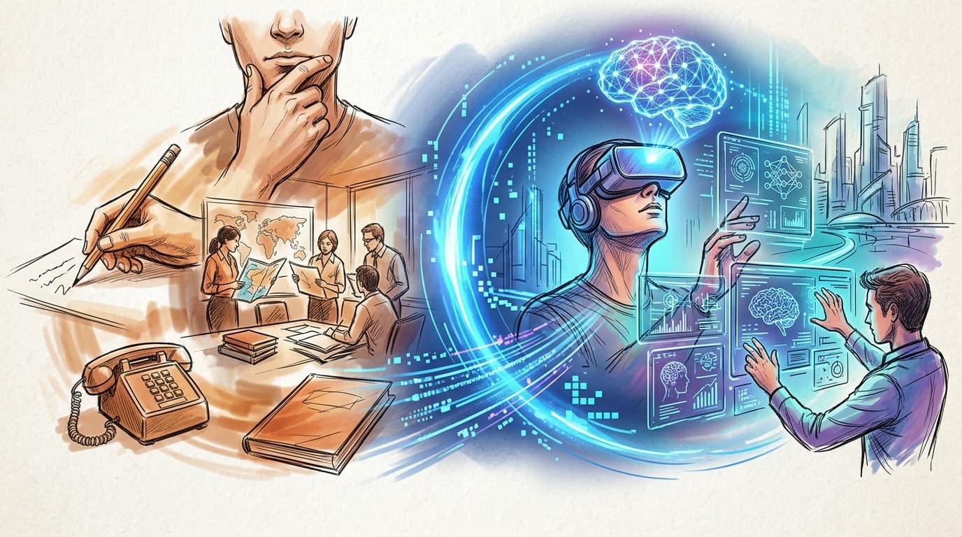 Illustration depicting traditional and futuristic work, with people using maps and technology like virtual reality and digital interfaces.