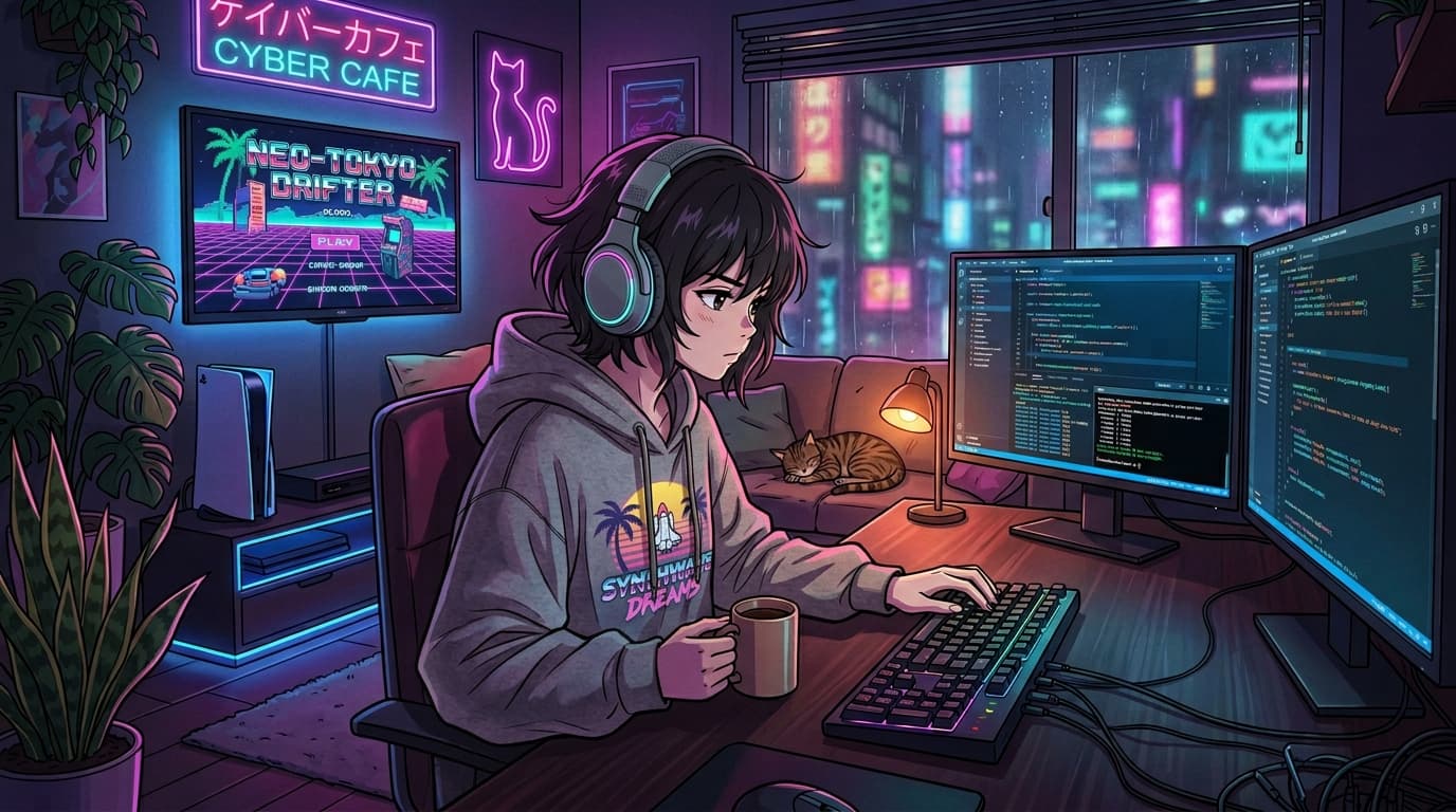 Person with headphones coding in a neon-lit room, rainy city view, console, and cat. Cyber café sign and vibrant decor around.