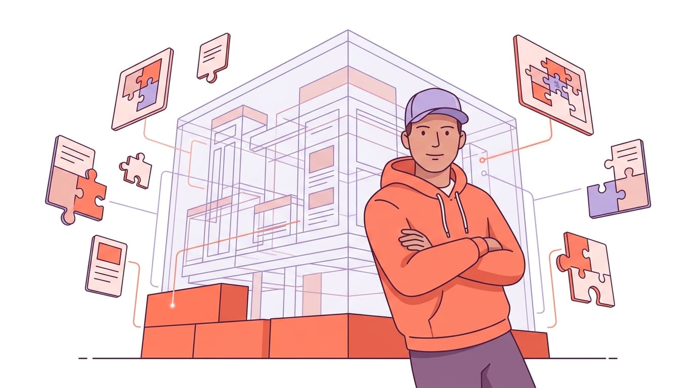 Illustration of a person in a cap and hoodie, crossing arms, standing before an abstract structure with puzzle pieces and charts around.