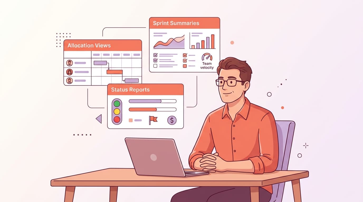 Man at a desk with a laptop, viewing digital project management dashboards: Allocation Views, Sprint Summaries, and Status Reports.